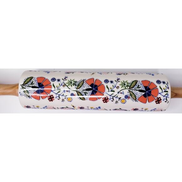 ?Rare ANTHROPOLOGIE Marian Floral 18" Ceramic Rolling Pin w/ Wood Handles in EUC - Picture 4 of 6